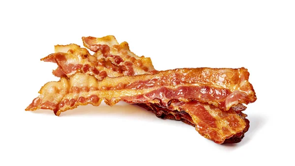 Skivor Krispig Varm Stekt Bacon Isolerad Vit Bakgrund — Stockfoto