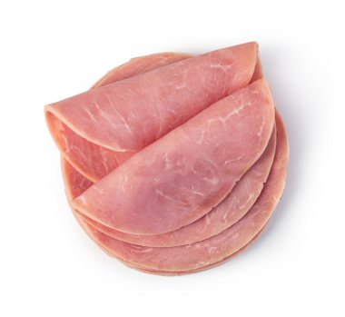 Beyaz arka planda yalıtılmış domuz jambonu dilimleri.