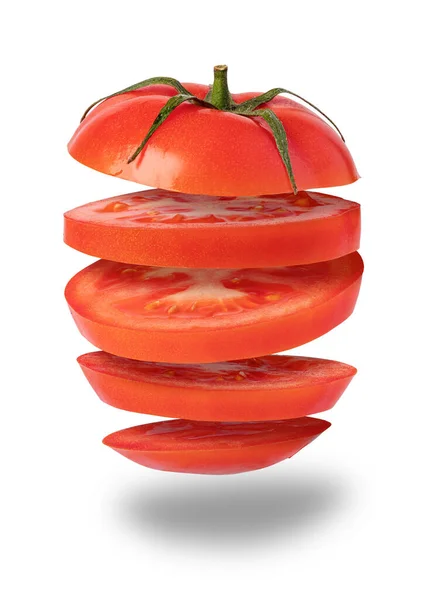Fliegende Tomate Geschnitten Roter Apfel Isoliert Auf Weißem Hintergrund — Stockfoto