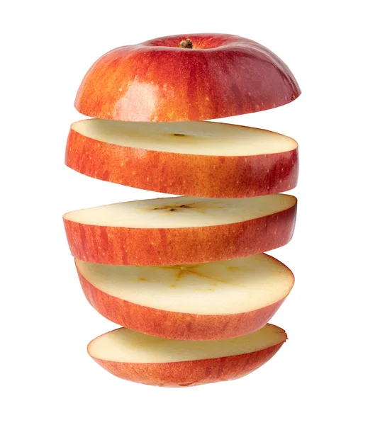 Fliegender Apfel Scheiben Geschnittener Roter Apfel Isoliert Auf Weißem Hintergrund — Stockfoto