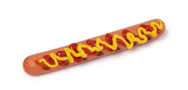 Salsicha Com Ketchup Cobertura Mostarda Isolado Sobre Fundo Branco — Fotografia de Stock