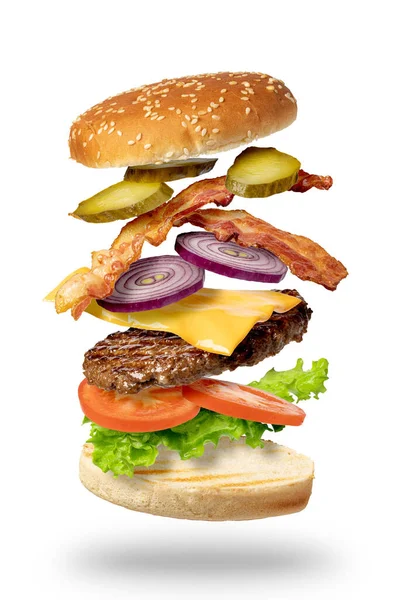 Létající Burger Izolované Bílém Pozadí — Stock fotografie