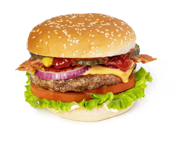 Smaklig Hamburgare Med Bacon Vit Bakgrund — Stockfoto