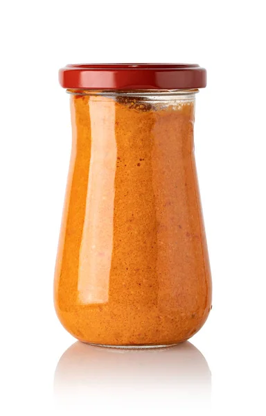 Salsa Pesto Albahaca Roja Frasco Vidrio Aislado Sobre Fondo Blanco — Foto de Stock