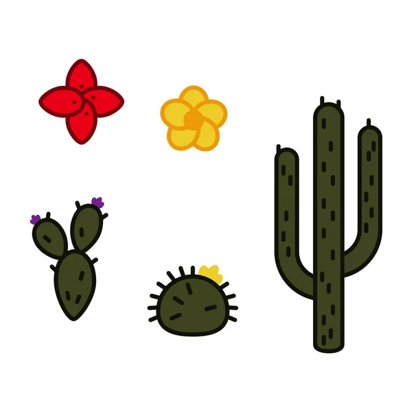 Ensemble de cactus et fleurs péruviens, art linéaire style minimal — Image vectorielle