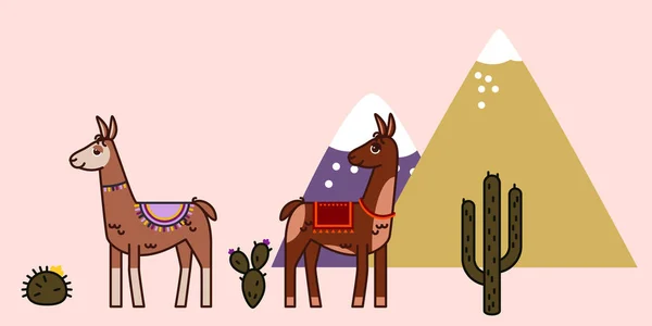 Dos llamas de pie con cactus y montañas, estilo línea de arte, con espacio vacío para el signo, viajar en el concepto de Perú — Vector de stock