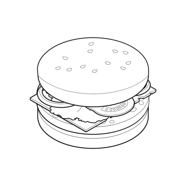 Boyama kitabı, kavram sağlıksız yiyecek, lokanta illüstrasyon Burger izometrik — Stok Vektör