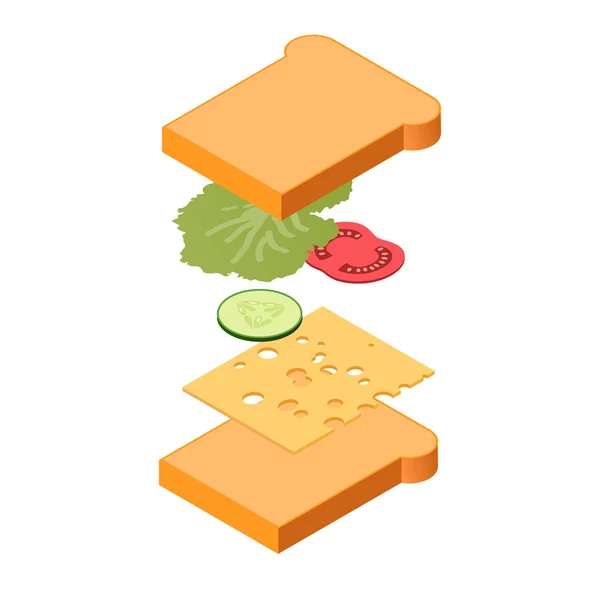 Explotar ingredientes sándwich vista isométrica, concepto fastfood — Vector de stock