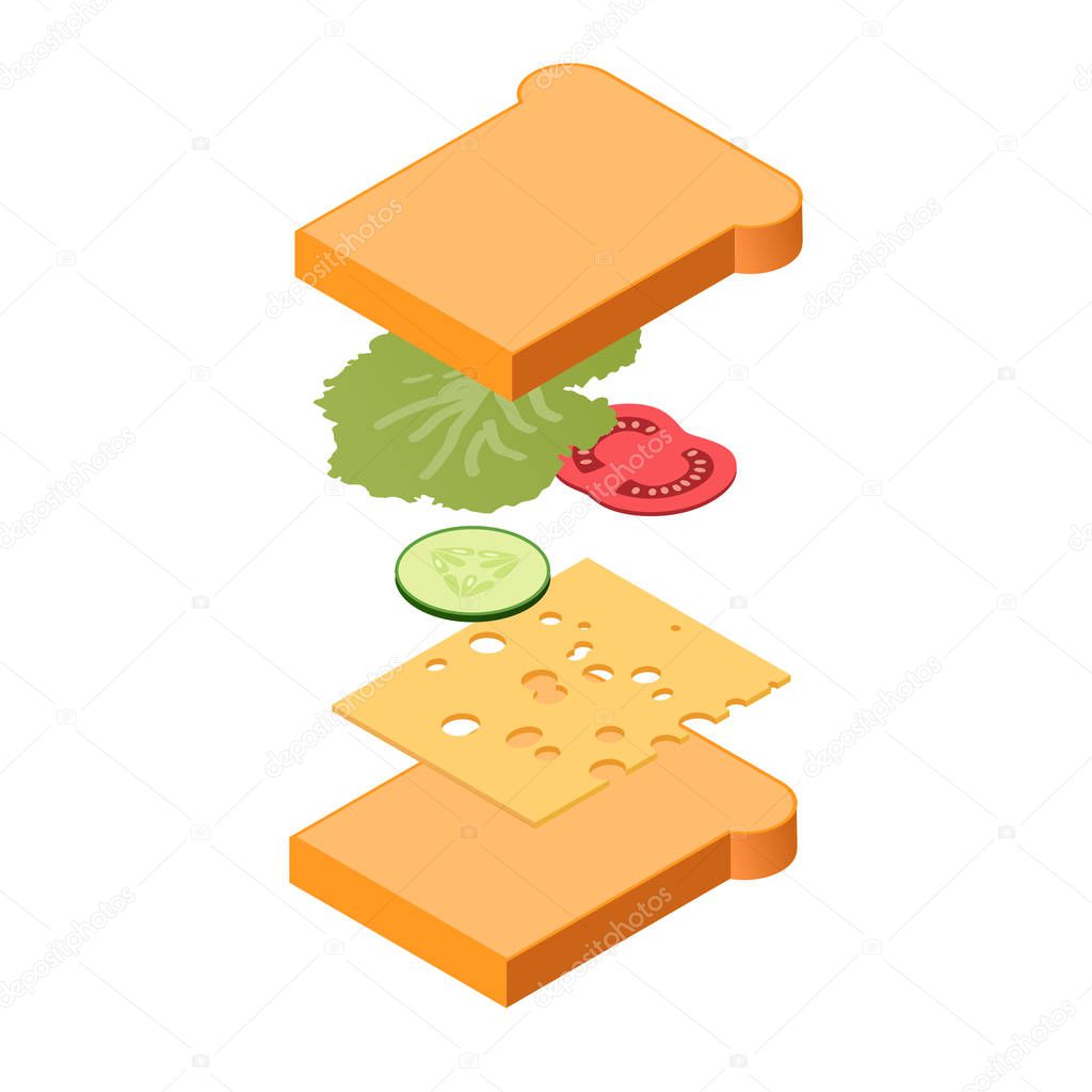 Explode sandwich ingredients isometric view, fastfood concept