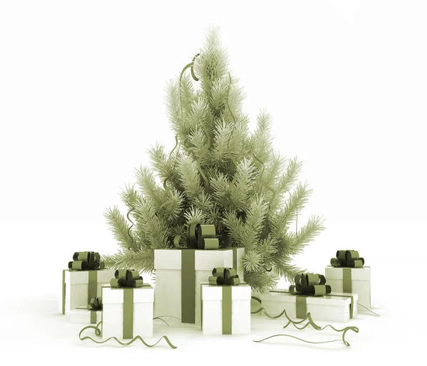 クリスマス ツリーと白い背景の上のギフト ボックス — ストック写真