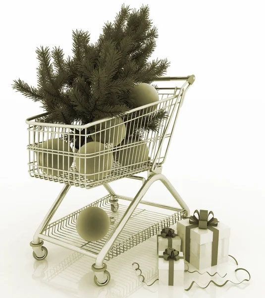 Carrinho de compras cheio de bolas de Natal com abeto e caixas de presente — Fotografia de Stock