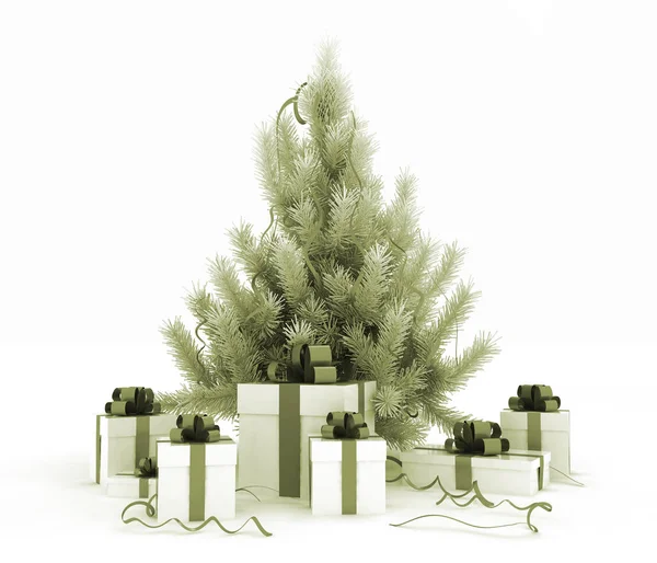 Albero di Natale e scatole regalo su sfondo bianco Immagine Stock