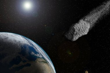 Göktaşı yere uçar. Büyük ve büyük earth ile çarpıştığında. Galaxy ve yıldız.