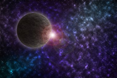 Renkli yıldızlı gökyüzü. Bir gezegenin evrenin etrafında.