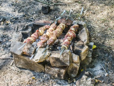 Piknikte et hazırlanması. Domuz eti açık ateşte tükürür. Şişler üzerinde şiş kebap.