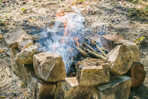 Sıcak bir yaz gününde, ormanda bir ateş yakmak.