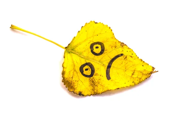 悲しい顔の絵と黄色い葉。分離 — ストック写真