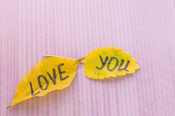 Gelbes Blatt mit einer Inschrift love you — Stockfoto
