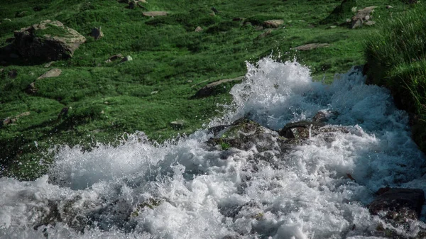 Cascada cayendo a la hermosa montaña pradera verde . — Foto de Stock