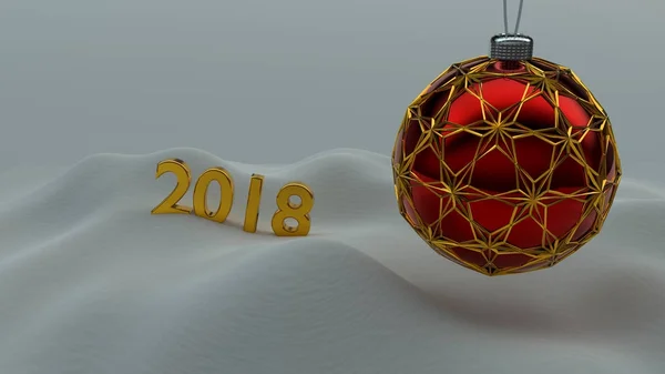 金の装飾品に囲まれた 1 つの赤いクリスマス ボール. — ストック写真