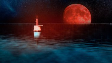 Renkli mavi deniz, deniz feneri ve büyük kızıl ay manzarası. 