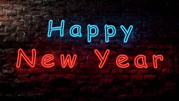 Vista da vicino del segno al neon Felice anno nuovo sul muro di mattoni rossi.2020 — Foto Stock