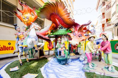 ALZIRA,SPAIN - MARCH 17: Las Fallas,papermache models are constructed then burnt in the traditional celebration in praise of St Joseph on March 17,2016 in Alzira,Valencia,Spain.