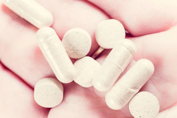Macro Shot Various Pills Capsules Hand Anonymous Person — Stock Photo, Image