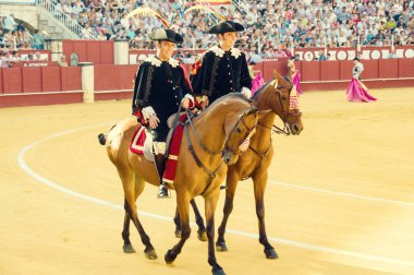 MALAGA, İspanya - 12 Ağustos 2014 tarihinde La Malagueta, İspanya 'da boğa güreşi. Malagueta arenası 1874 'te Joaquin Rucoba tarafından inşa edildi ve 11 Haziran 1876' da açıldı..