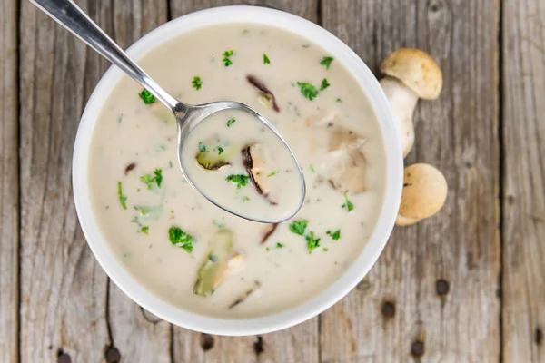 Portion of Porcini Soup, selective focus — Stock Photo, Image