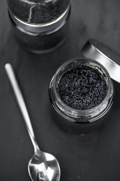 Portion Black Caviar Detailed Close Shot Selective Focus — Stock Photo, Image