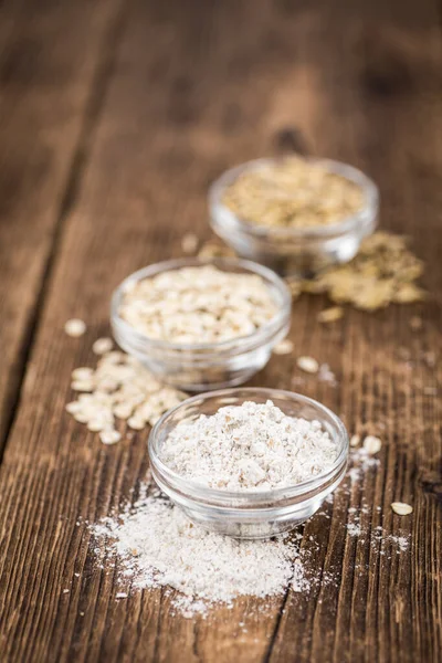 Vintage Wooden Table Oat Flour Selective Focus Close Shot — Stock Photo, Image