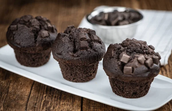 Vintage Wooden Table Chocolate Muffins Selective Focus Close Shot — Stock Photo, Image