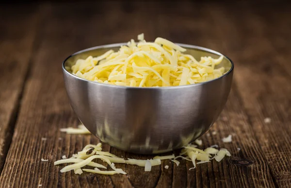 Old Wooden Table Grated Cheese Close Shot — Stock Photo, Image