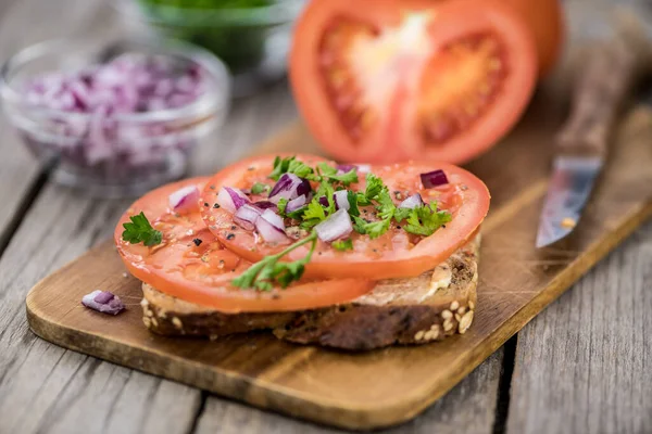 Portion Fresh Tomato Sandwich Selective Focus Close Shot — Stock Photo, Image