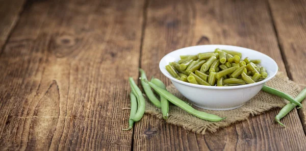 Preserved Green Beans Detailed Close Shot Selective Focus Vintage Background — Stock Photo, Image