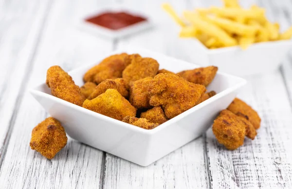 Vintage Wooden Table Fresh Made Chicken Nuggets Close Shot Selective — Stock Photo, Image
