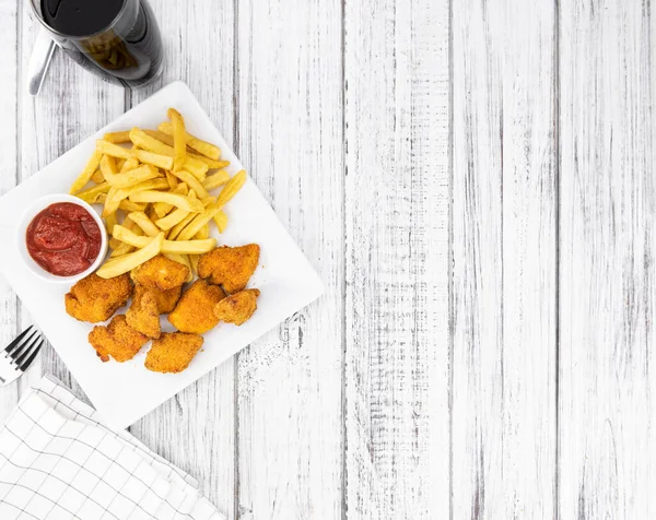 Vintage Wooden Table Fresh Made Chicken Nuggets Close Shot Selective — Stock Photo, Image