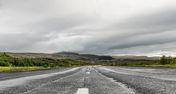 Ijslandse Straat Tijdens Het Zomerseizoen Met Spectaculair Uitzicht Groene Weiden — Stockfoto