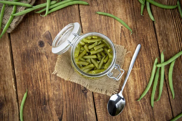 Portion Preserved Green Beans Detailed Close Shot Selective Focus — Stock Photo, Image