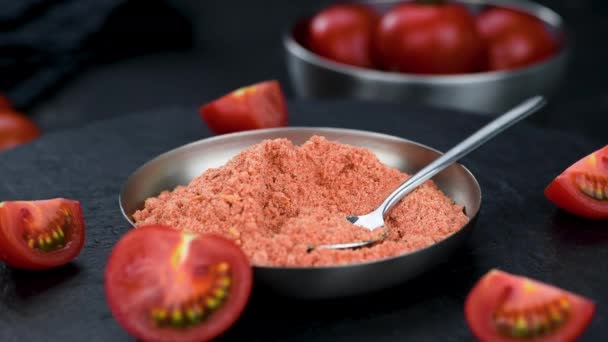 Porción Polvo Tomate Imágenes Detalladas Primer Plano Enfoque Selectivo — Vídeos de Stock