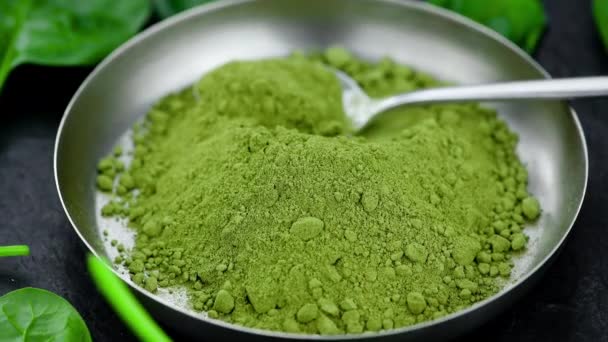 Freshly Made Green Spinach Powder Detailed Close Footage — Stock Video