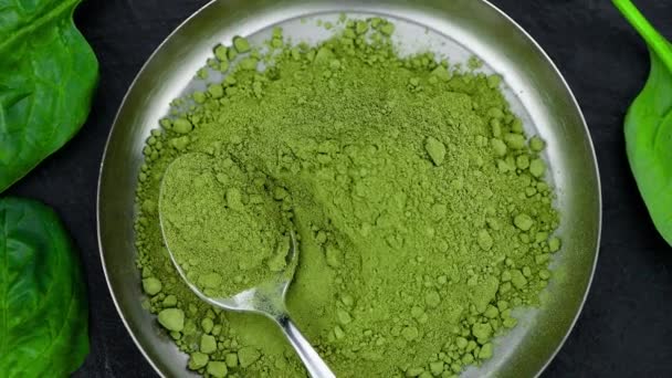 Freshly Made Green Spinach Powder Detailed Close Footage — Stock Video