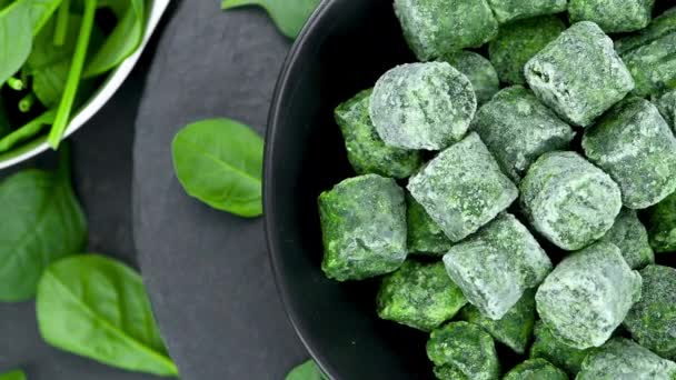 Freshly Made Green Frozen Spinach Pieces Detailed Close Footage — Stock Video