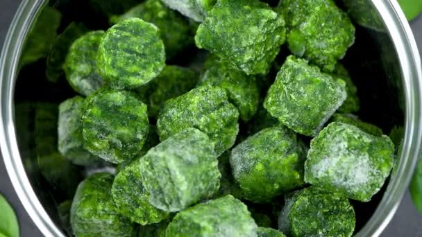 Freshly Made Green Frozen Spinach Pieces Detailed Close Footage — Stock Video