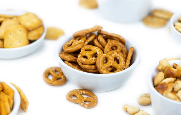 Portion Mixed Snacks Isolated White Background Detailed Close Shot Selective — Stock Photo, Image