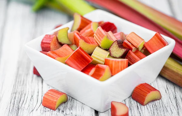 Chopped Rhubarb Old Wooden Table Close Shot Selective Focus — Stock Photo, Image