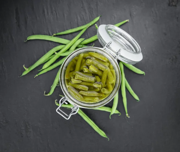 Preserved Green Beans Detailed Close Shot Selective Focus Vintage Background — Stock Photo, Image