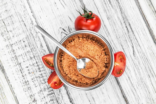 Portion Tomatenpulver Detailaufnahme Nahaufnahme Selektiver Fokus — Stockfoto