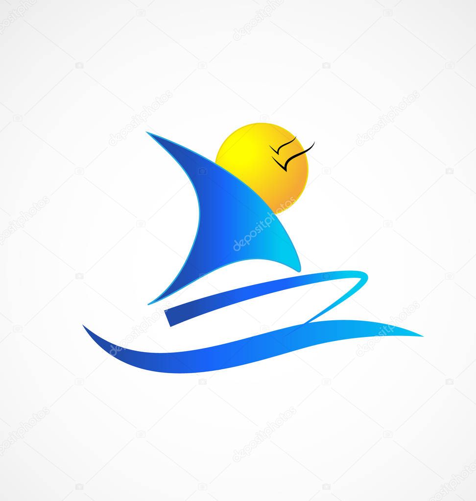Boat waves birds and sun ocean beach frame picture logo vector